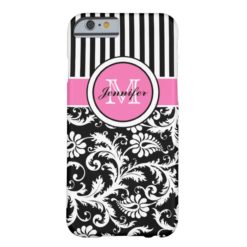 Monogrammed Pink Black White Striped Damask Barely There iPhone 6 Case