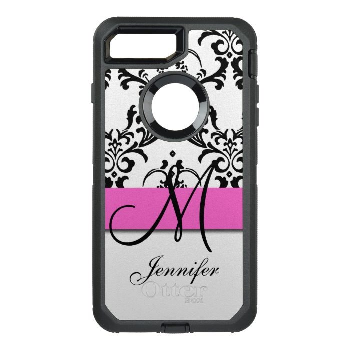 Monogrammed Pink Black White Swirls Damask OtterBox Defender iPhone 7 Plus Case
