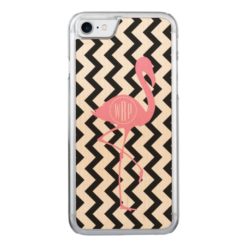 Monogrammed Pink Flamingo + Black Chevron Carved iPhone 7 Case