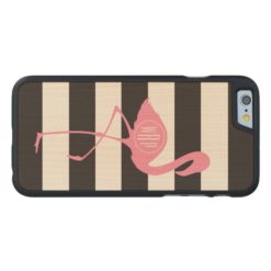 Monogrammed Pink Flamingo + Black + White Stripes Carved Maple iPhone 6 Slim Case