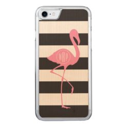 Monogrammed Pink Flamingo + Black + White Stripes Carved iPhone 7 Case