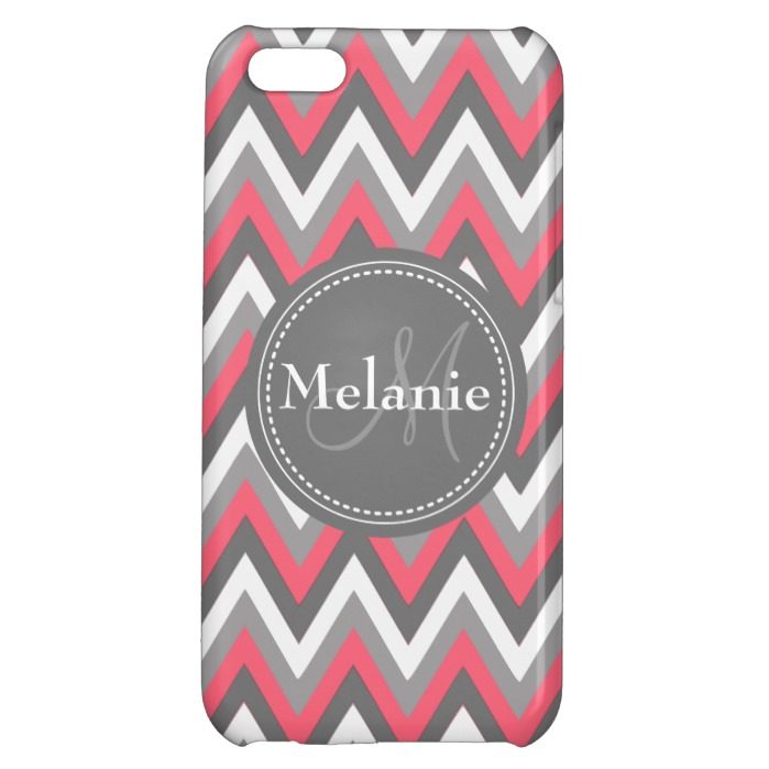 Monogrammed Pink & Grey Chevron Pattern iPhone 5C Covers