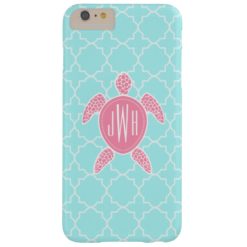 Monogrammed Pink Sea Turtle + Blue Quatrefoil Barely There iPhone 6 Plus Case
