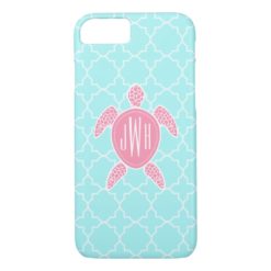 Monogrammed Pink Sea Turtle + Blue Quatrefoil iPhone 7 Case