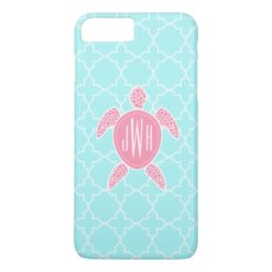 Monogrammed Pink Sea Turtle + Blue Quatrefoil iPhone 7 Plus Case