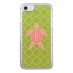 Monogrammed Pink Sea Turtle Green Quatrefoil Carved iPhone 7 Case