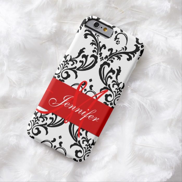 Monogrammed Red Black White Swirls Damask Barely There iPhone 6 Case