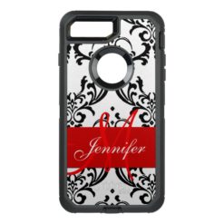Monogrammed Red Black White Swirls Damask OtterBox Defender iPhone 7 Plus Case