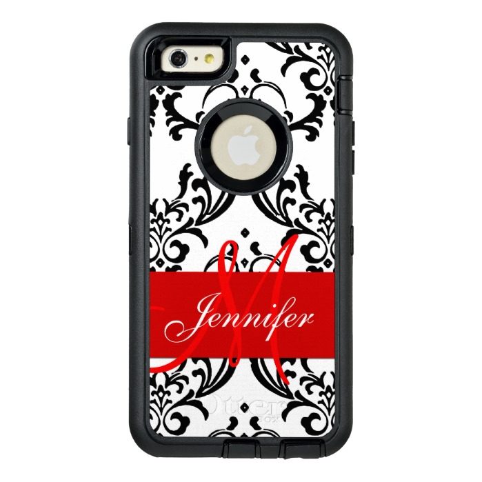 Monogrammed Red Black White Swirls Damask OtterBox Defender iPhone Case