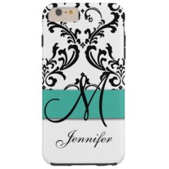 Monogrammed Turquoise Black White Swirls Damask Tough iPhone 6 Plus Case
