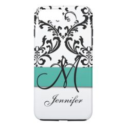 Monogrammed Turquoise Black White Swirls Damask iPhone 7 Plus Case