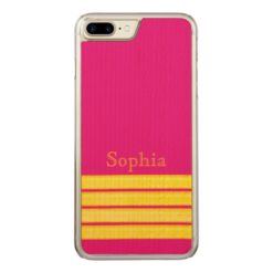 Name and yellow painted stripes on pink cerise Carved iPhone 7 plus case