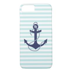 Nautical Aqua & White Stripes Navy Blue Anchor iPhone 7 Case