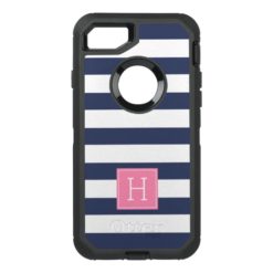 Nautical Blue Stripes and Pink Monogram OtterBox Defender iPhone 7 Case
