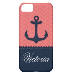 Nautical Coral Pink Navy Blue Anchor Custom Name iPhone 5C Cover