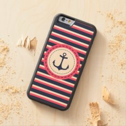 Nautical Navy Blue Hot Pink Stripes Anchor Design Carved Maple iPhone 6 Bumper Case