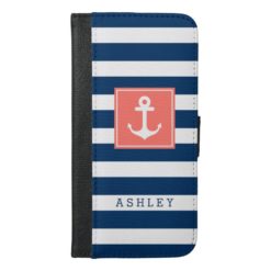 Nautical Sea Anchor Navy White Stripes Monogram iPhone 6/6s Plus Wallet Case