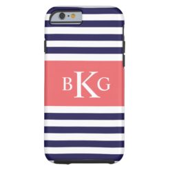 Navy Blue Coral Stripes Monogram Tough iPhone 6 Case