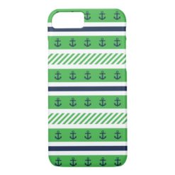 Navy Blue Green and White Anchors Pattern iPhone 7 Case