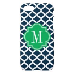 Navy Blue Moroccan Pattern with Green Monogram iPhone 7 Case