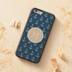 Navy Blue White Anchors Pattern Gray Monogram Carved Maple iPhone 6 Bumper Case