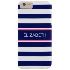 Navy Blue Wht Horiz Stripe Hot Pink Name Monogram Barely There iPhone 6 Plus Case