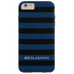 Navy Blue and Black Rugby Stripes with Custom Name Tough iPhone 6 Plus Case