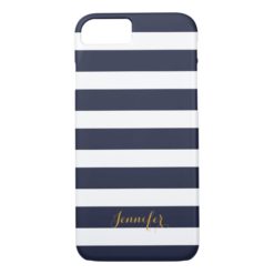 Navy Blue and Gold Classic Stripes Monogram iPhone 7 Case