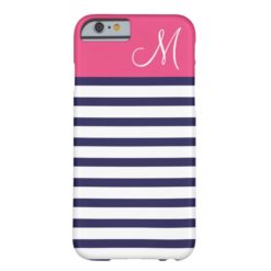 Navy Blue and Pink Preppy Stripes Custom Monogram Barely There iPhone 6 Case