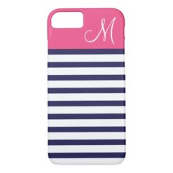 Navy Blue and Pink Preppy Stripes Custom Monogram iPhone 7 Case