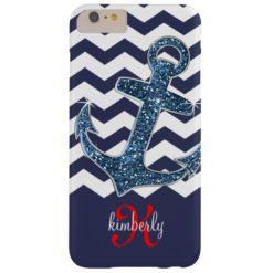 Navy Faux Glitter Anchor Chevron Personalized Barely There iPhone 6 Plus Case