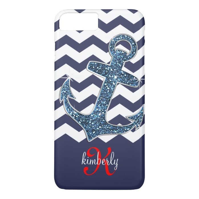 Navy Faux Glitter Anchor Chevron Personalized iPhone 7 Plus Case