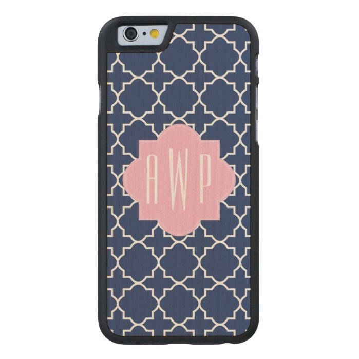 Navy Quatrefoil + Pink Monogram Carved Maple iPhone 6 Slim Case