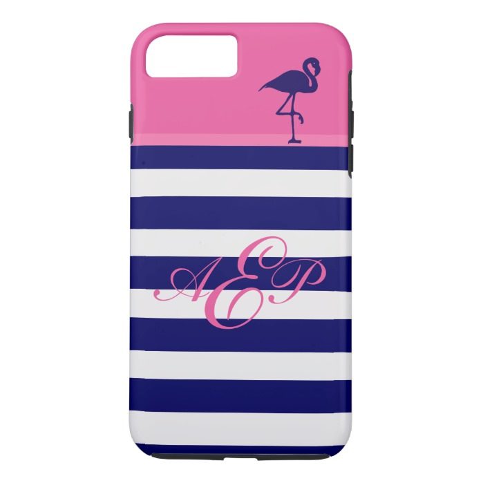 Navy White Stripes Flamingo Monogram iPhone 7 Case