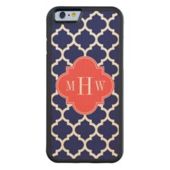 Navy Wht Moroccan #5 Coral Red 3 Initial Monogram Carved Maple iPhone 6 Bumper