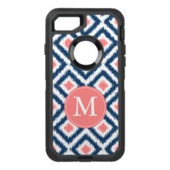 Navy and Coral Ikat Pattern Monogrammed OtterBox Defender iPhone 7 Case