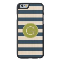 Navy and White Striped Pattern Green Monogram Carved Maple iPhone 6 Slim Case