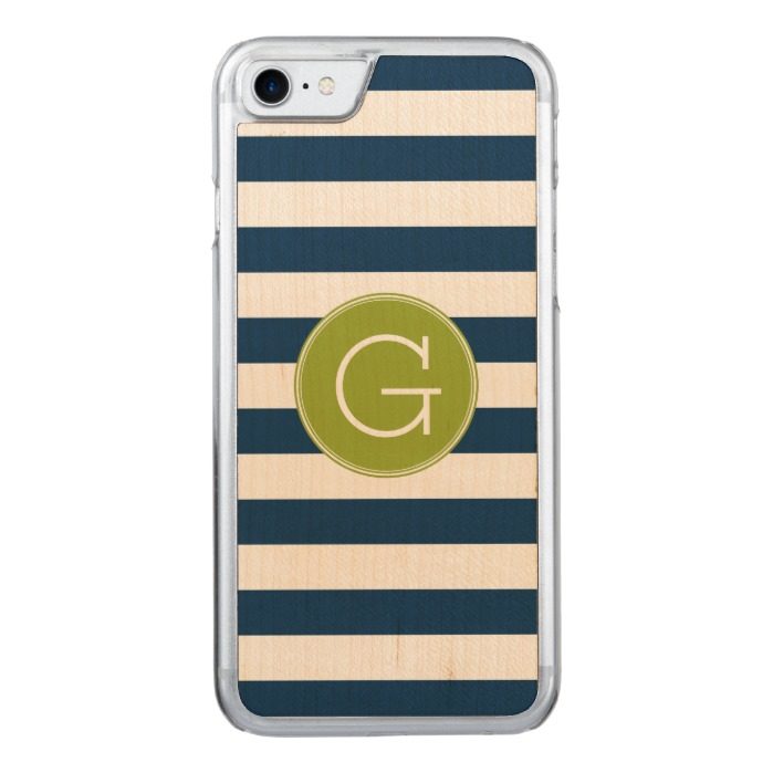 Navy and White Striped Pattern Green Monogram Carved iPhone 7 Case