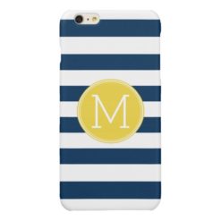 Navy and White Striped Pattern Yellow Monogram Glossy iPhone 6 Plus Case