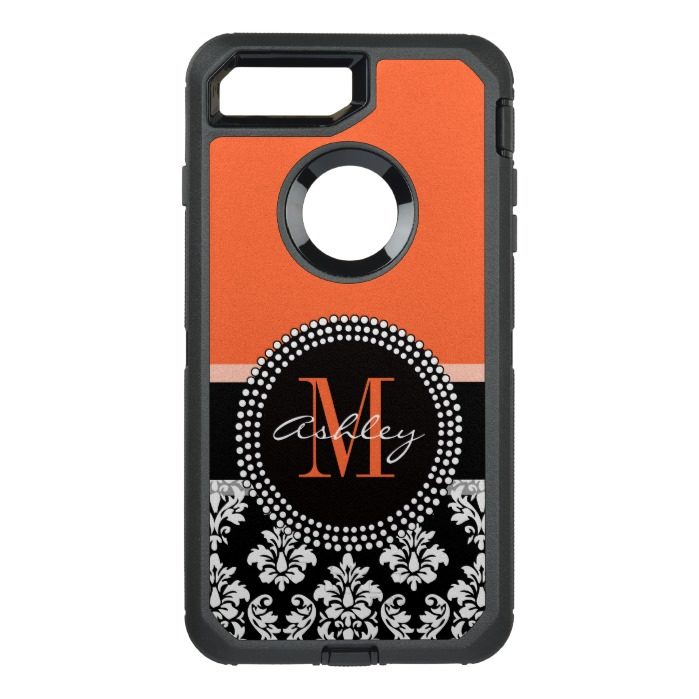 Orange Black Damask Pattern Monogram OtterBox Defender iPhone 7 Plus Case