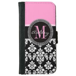 PINK BLACK DAMASK YOUR MONOGRAM YOUR NAME iPhone 6/6S WALLET CASE