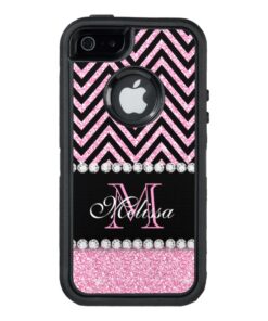 PINK GLITTER BLACK CHEVRON MONOGRAMMED OtterBox DEFENDER iPhone CASE