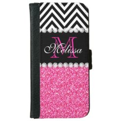 PINK GLITTER BLACK CHEVRON MONOGRAMMED WALLET PHONE CASE FOR iPhone 6/6S