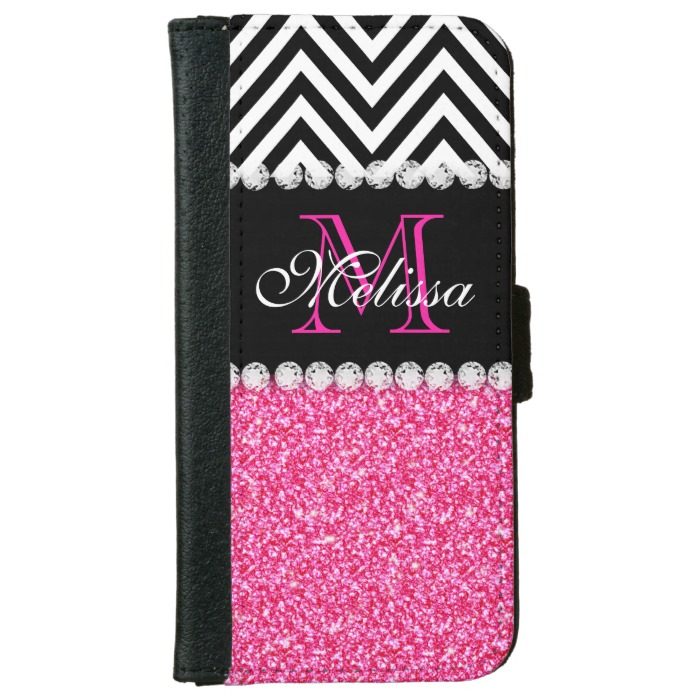 PINK GLITTER BLACK CHEVRON MONOGRAMMED WALLET PHONE CASE FOR iPhone 6/6S