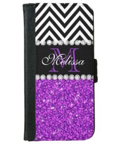 PURPLE GLITTER BLACK CHEVRON MONOGRAMMED WALLET PHONE CASE FOR iPhone 6/6S