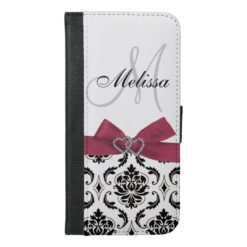 Personalized Black Damask Pink Bow Diamond Hearts iPhone 6/6s Plus Wallet Case