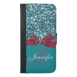 Personalized Blue Glitter Pink Printed Bow iPhone 6/6s Plus Wallet Case