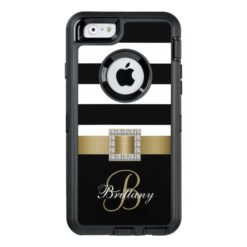 Personalized Gold Black Bold Stripes Diamonds OtterBox Defender iPhone Case