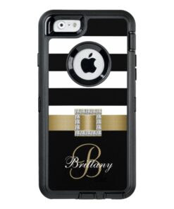 Personalized Gold Black Bold Stripes Diamonds OtterBox Defender iPhone Case