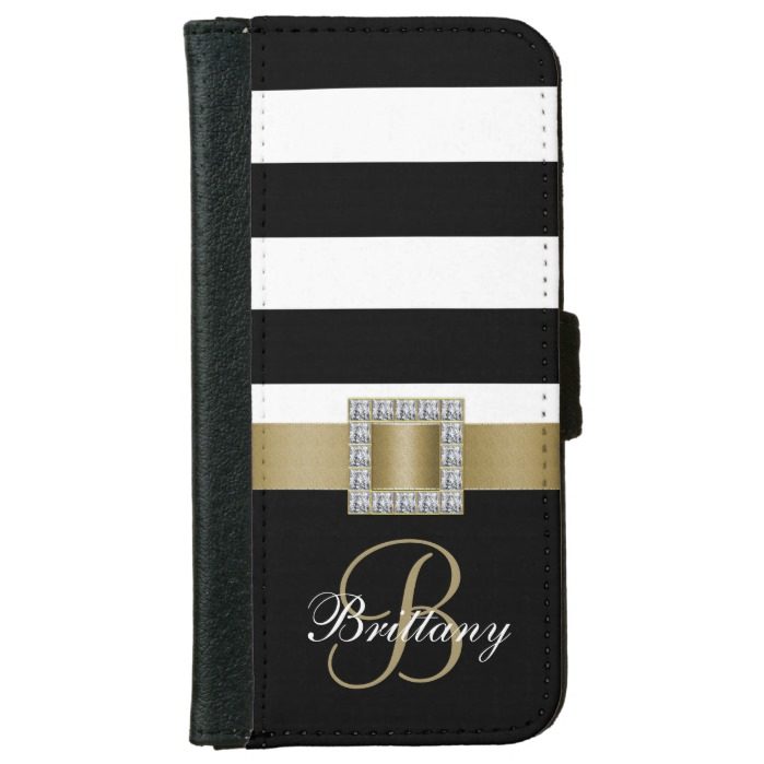 Personalized Gold Black Bold Stripes Diamonds Wallet Phone Case For iPhone 6/6s
